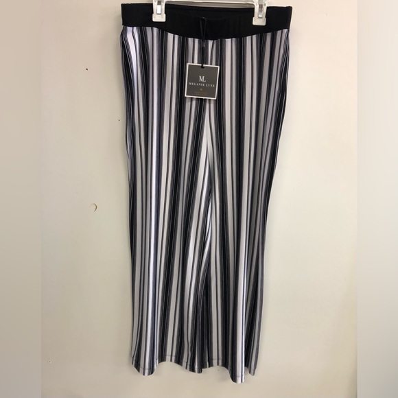MELANIE LYNE WIDE LEG PALLAZZO VERTICAL STRIPED ELASTIC WAIST PANTS no pockets - Picture 4 of 10